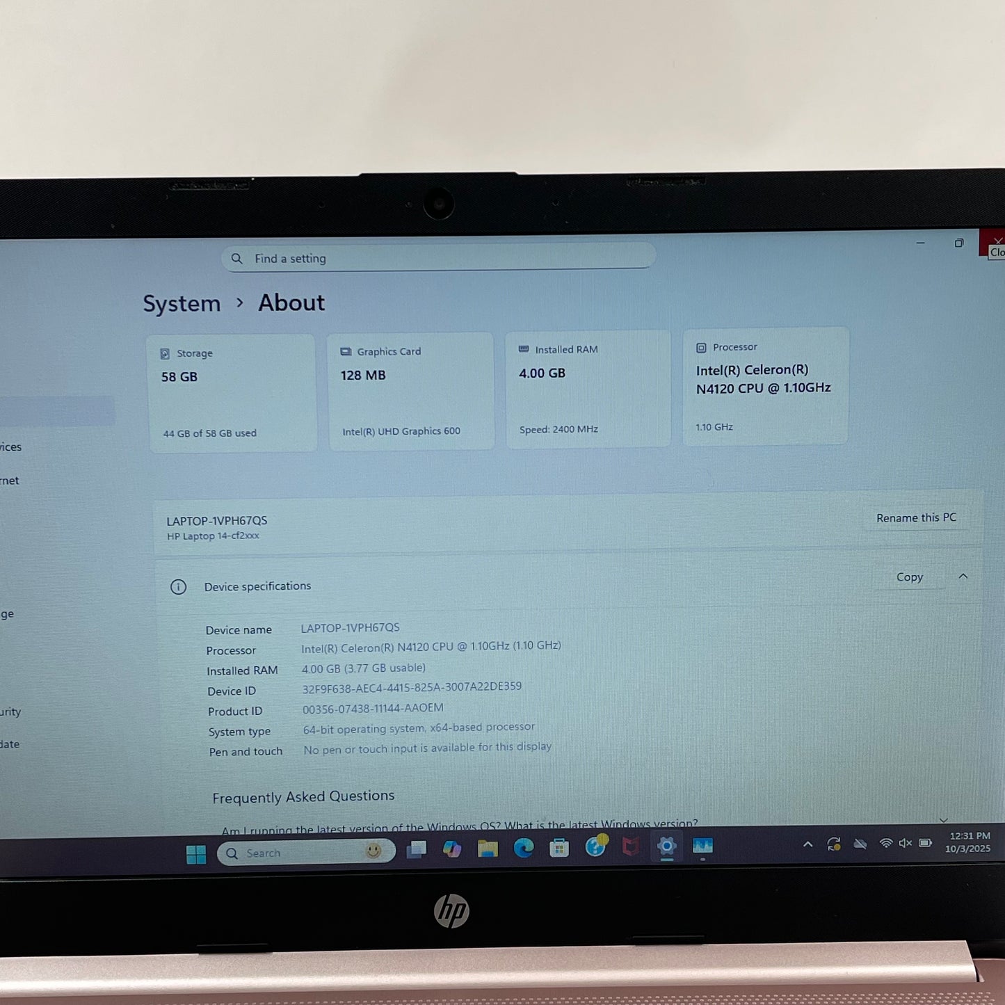 HP Laptop 14-CF2112WM 14" Celeron N4120 1.1GHz 4GB RAM 64GB SSD