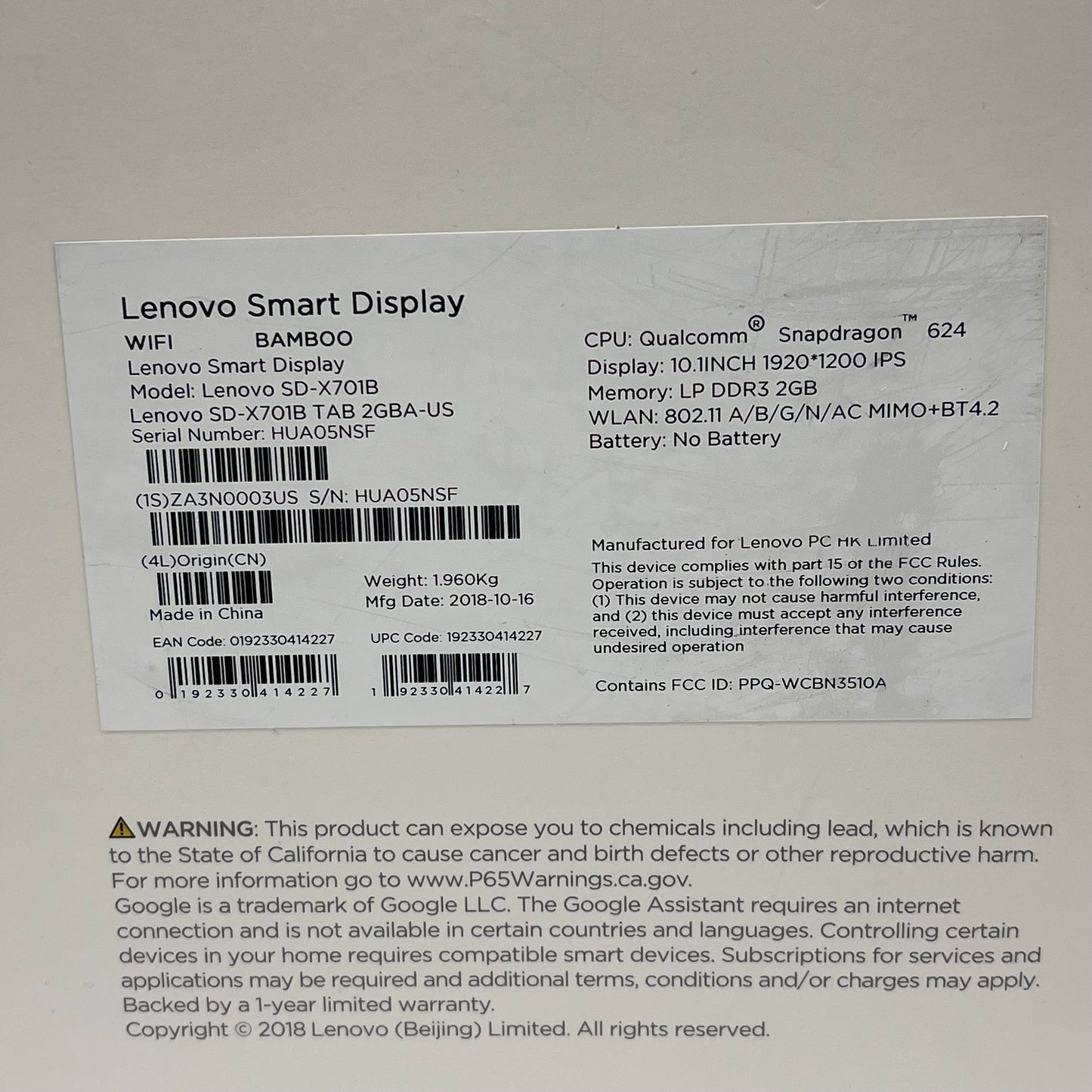 New Lenovo Smart Display with Google Assistant White SD-X701B