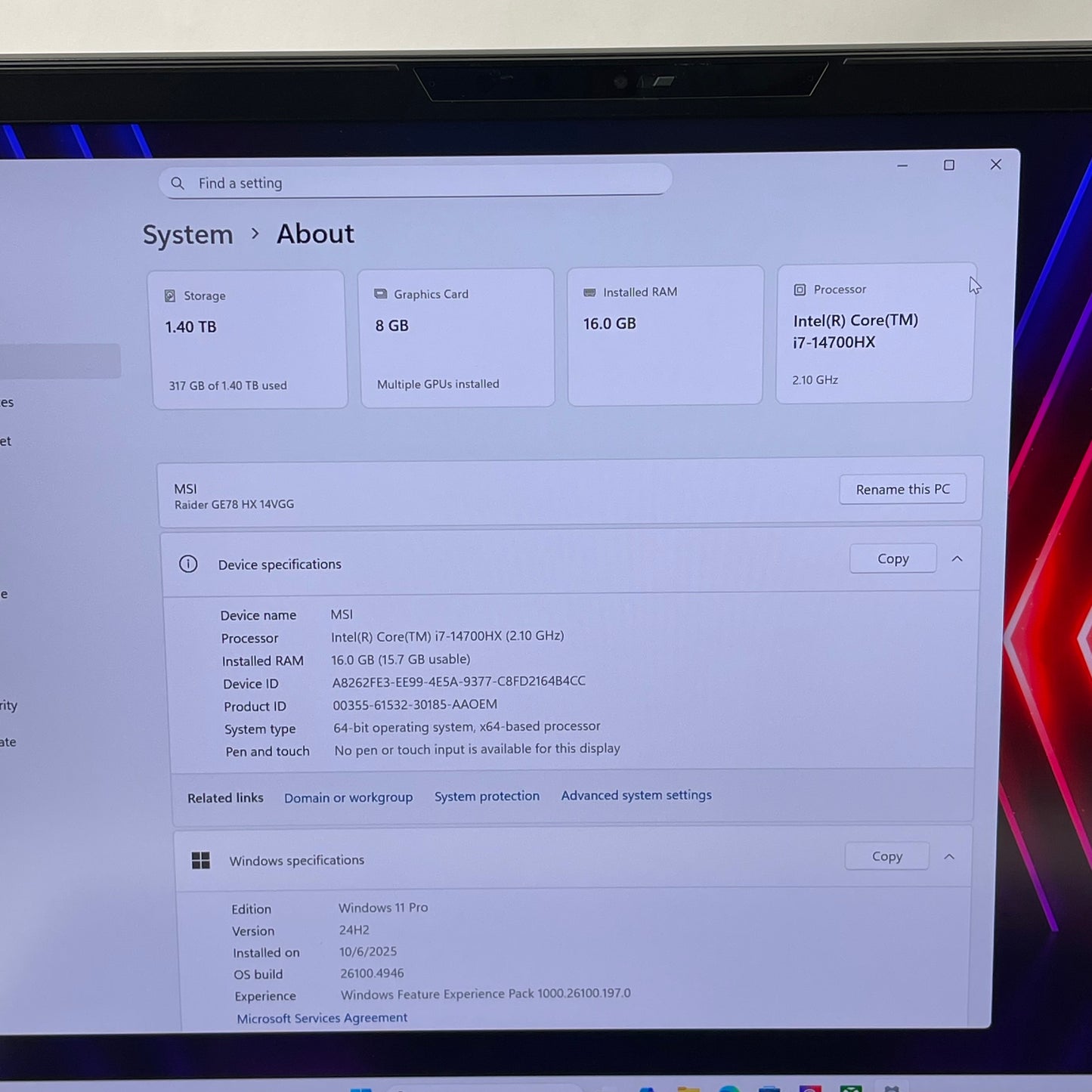 MSI Raider GE78 HX 14V MS-17S2 17" i7 -14700HX 16GB RAM 1TB SSD RTX 4070