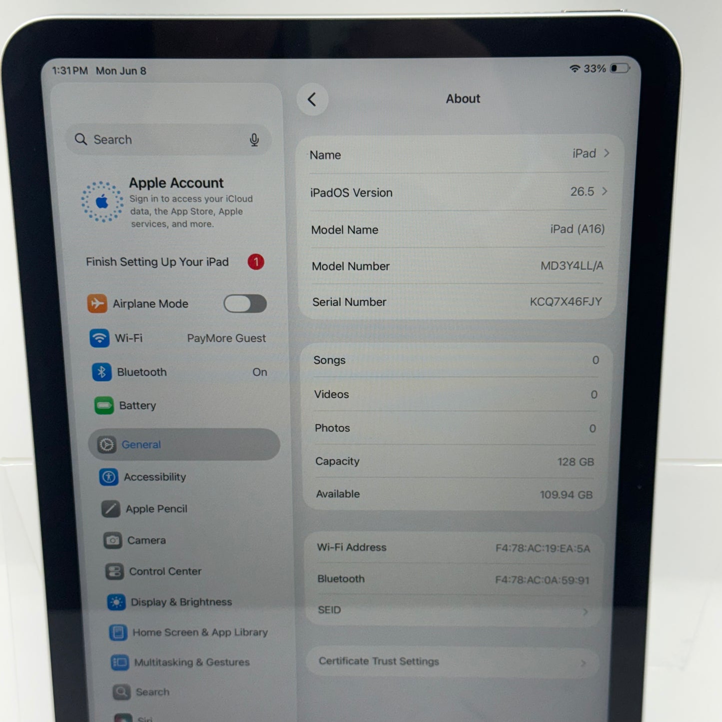 WiFi Only Apple iPad 11" (A16) 128GB Silver MD3Y4LL/A