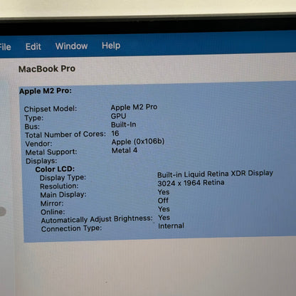 2023 Apple MacBook Pro 14" M2 Pro 16C GPU 3.5GHz 16GB RAM 512GB SSD MPHE3LL/A