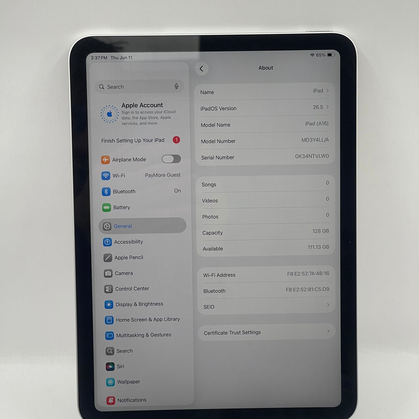 WiFi Only Apple iPad 11" (A16) 128GB Silver MD3Y4LL/A