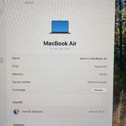 2025 Apple MacBook Air 13.3" M4 8C GPU 4.5GHz 16GB RAM 256GB SSD A3240