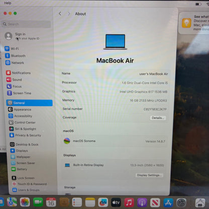 2018 Apple MacBook Air 13.3" i5 1.6GHz 16GB RAM 256GB SSD Silver A1932