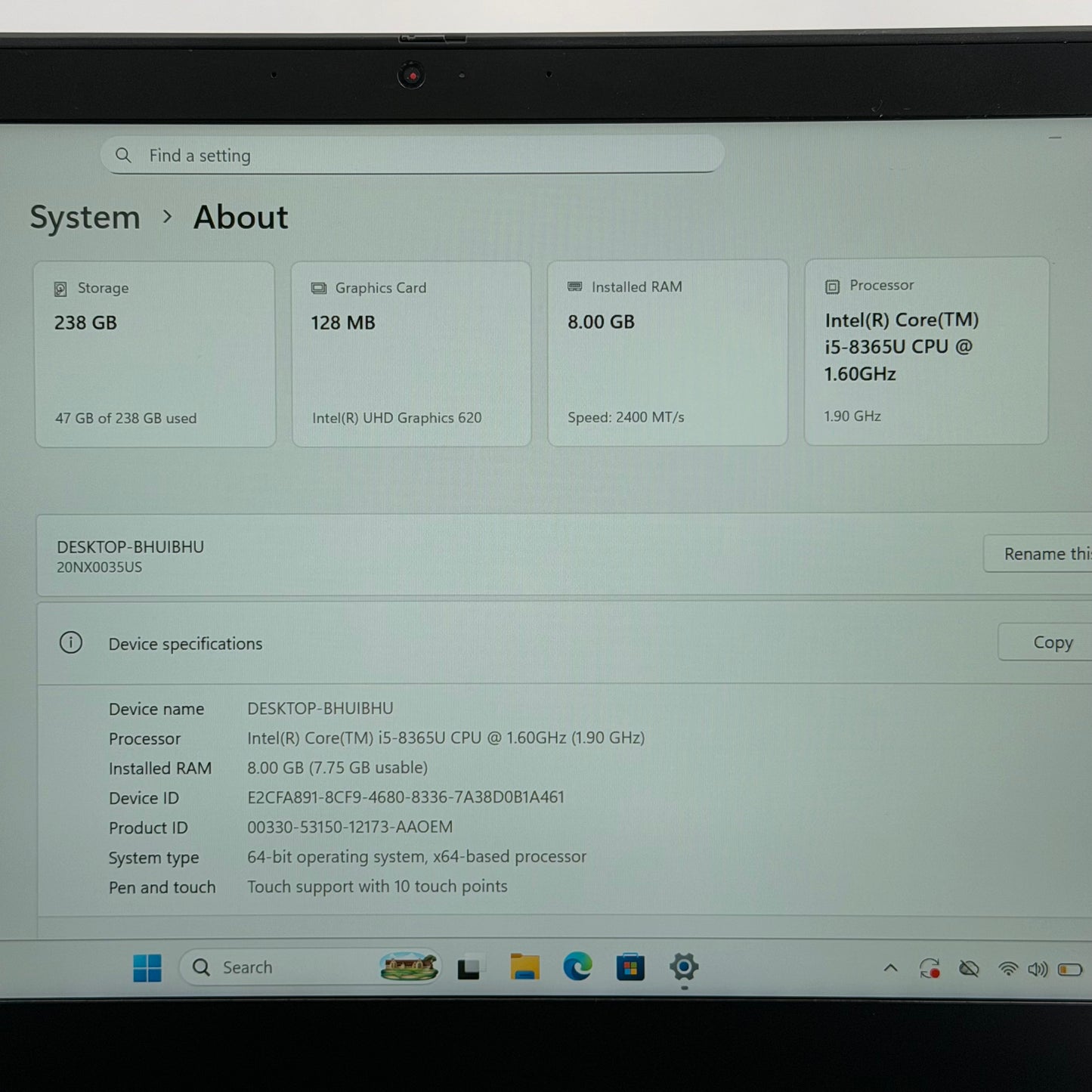 Lenovo ThinkPad T490s 20NX-0035US 14" i5-8365U 1.9GHz 8GB RAM 256GB SSD