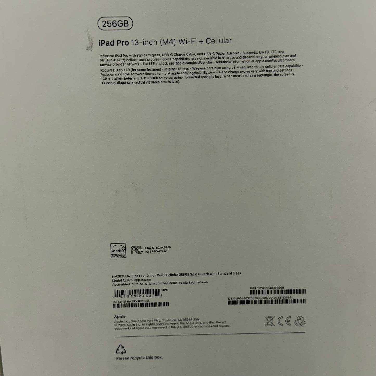 Factory Unlocked Apple iPad Pro 13" M4 256GB Space Black MVXR3LL/A