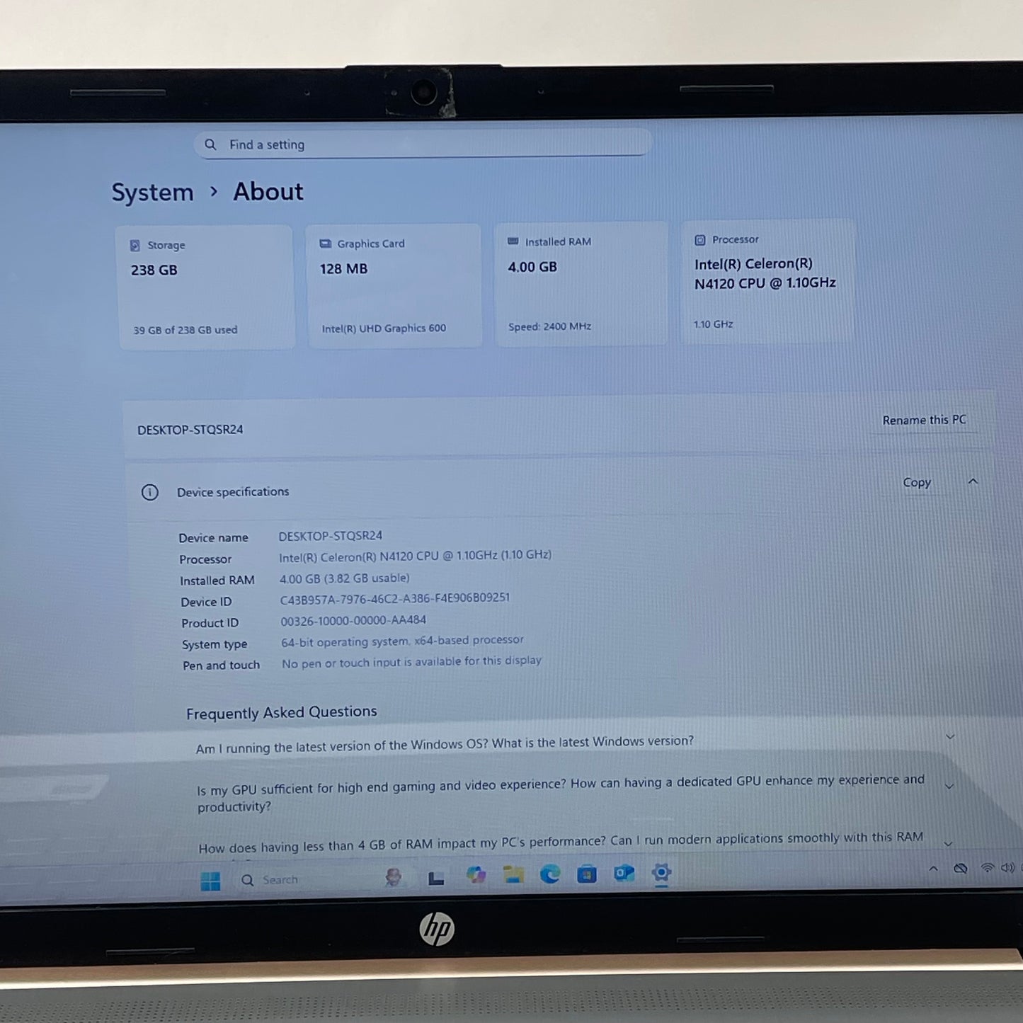 HP Laptop 17-CN0045NR 17.3" Celeron N4120 1.1GHz 4GB RAM 256GB SSD