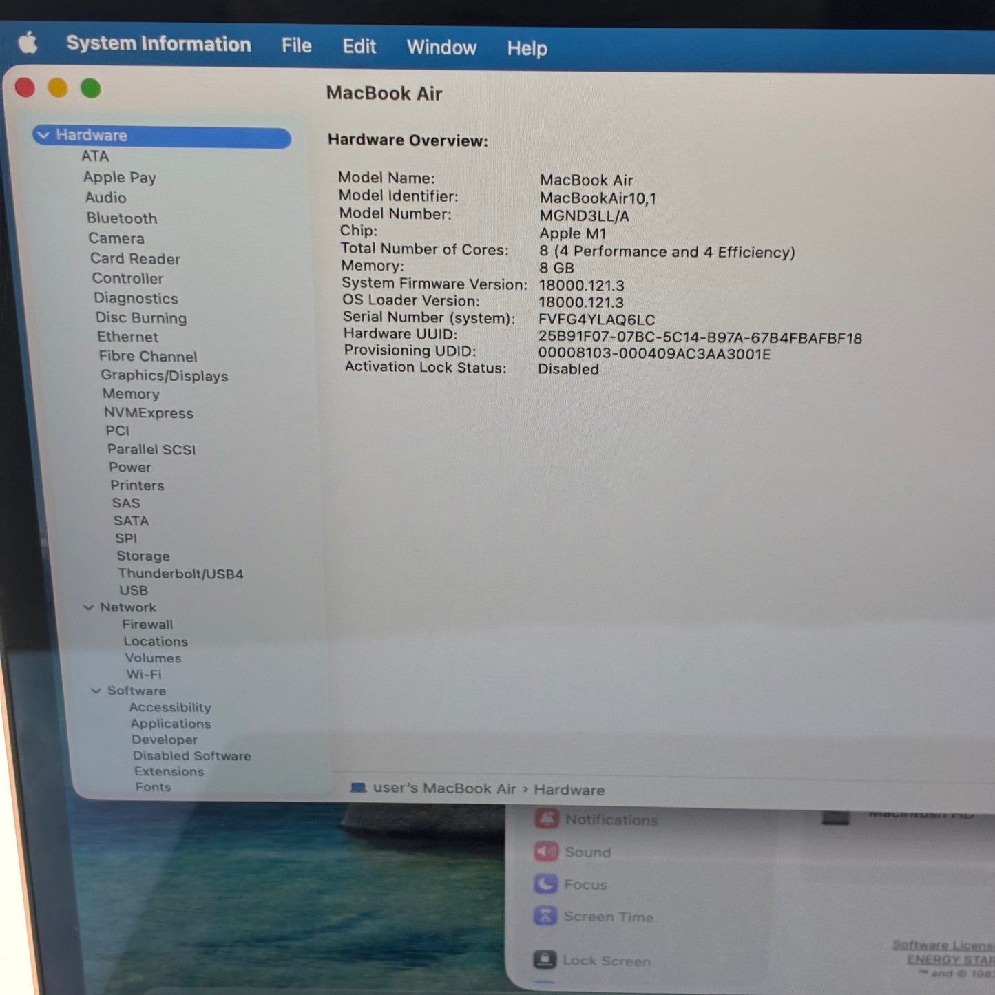 2020 Apple MacBook Air 13.3" M1 7C GPU 3.2GHz 8GB RAM 256GB SSD A2337