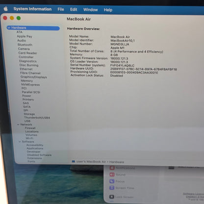 2020 Apple MacBook Air 13.3" M1 7C GPU 3.2GHz 8GB RAM 256GB SSD A2337