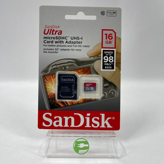 New SanDisk Ultra 16GB microSDHC UHS-I Card & Adapter SDSQUNC-016G-AN6IA