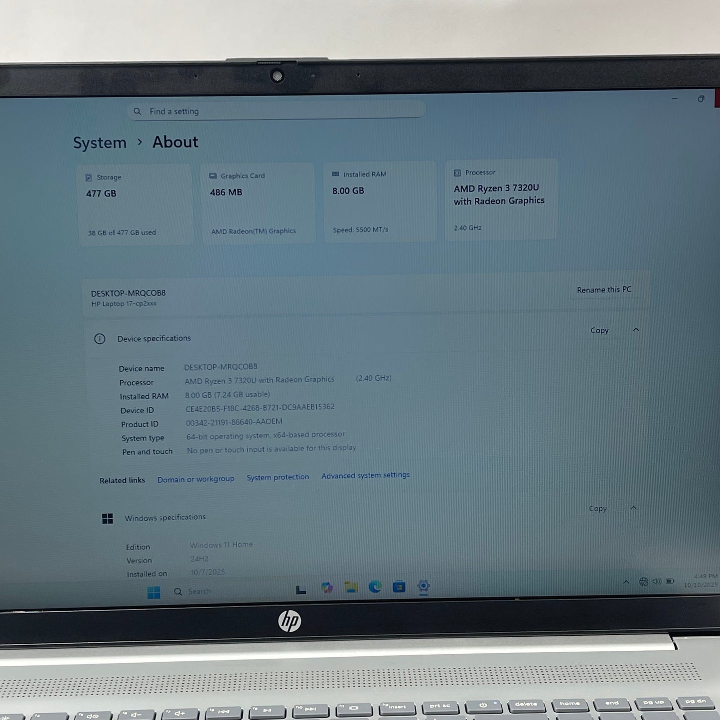 HP Laptop 17-CP2196NR 17.3" Ryzen 3 7320U 2.4GHz 8GB RAM 500GB SSD