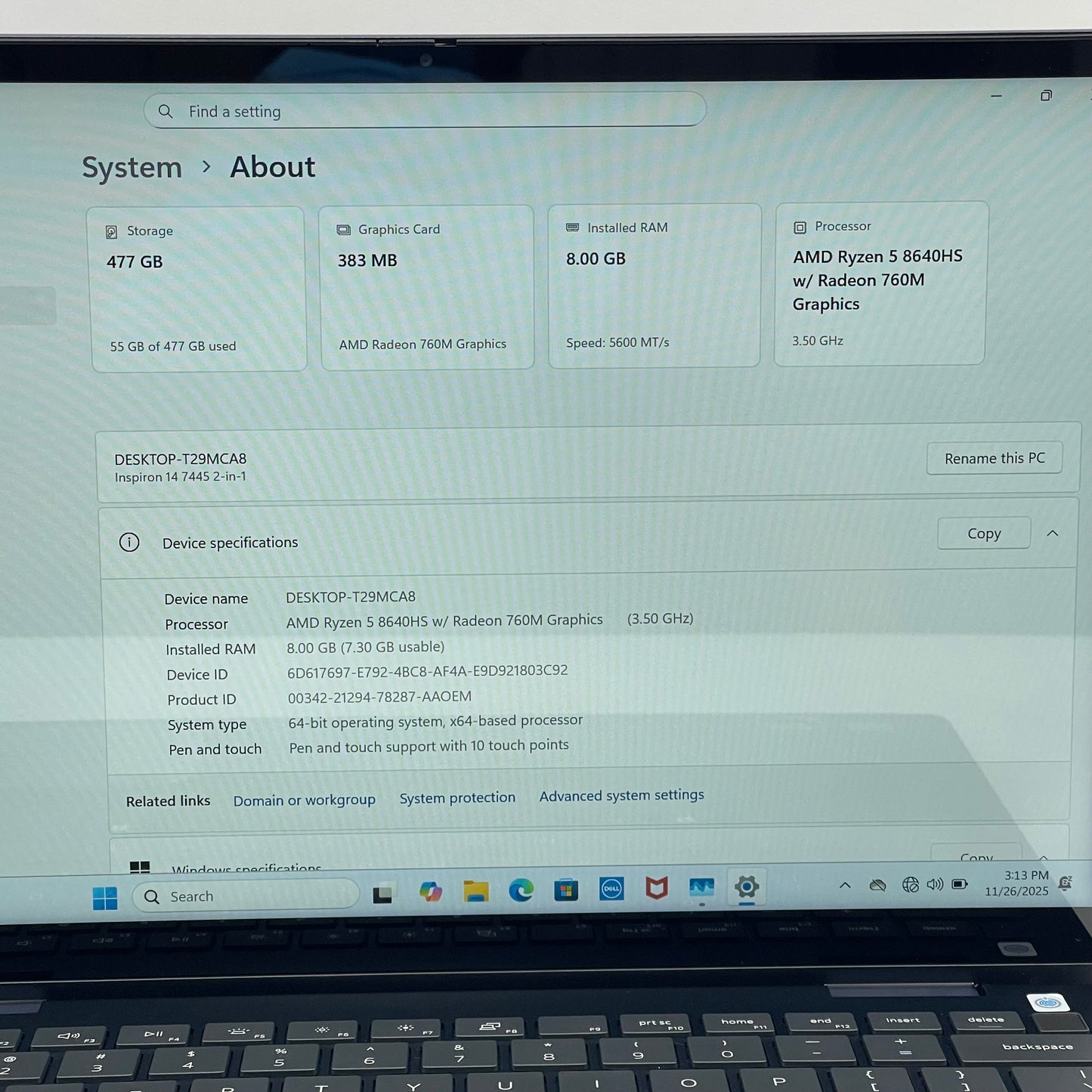 Dell Inspiron 14 P186G 14" Ryzen 5 8640HS 3.5GHz 8GB RAM 512GB SSD
