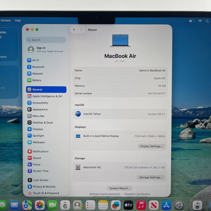 2022 Apple MacBook Air 13.6" M2 8C GPU 3.5GHz 16GB RAM 256GB SSD A2681