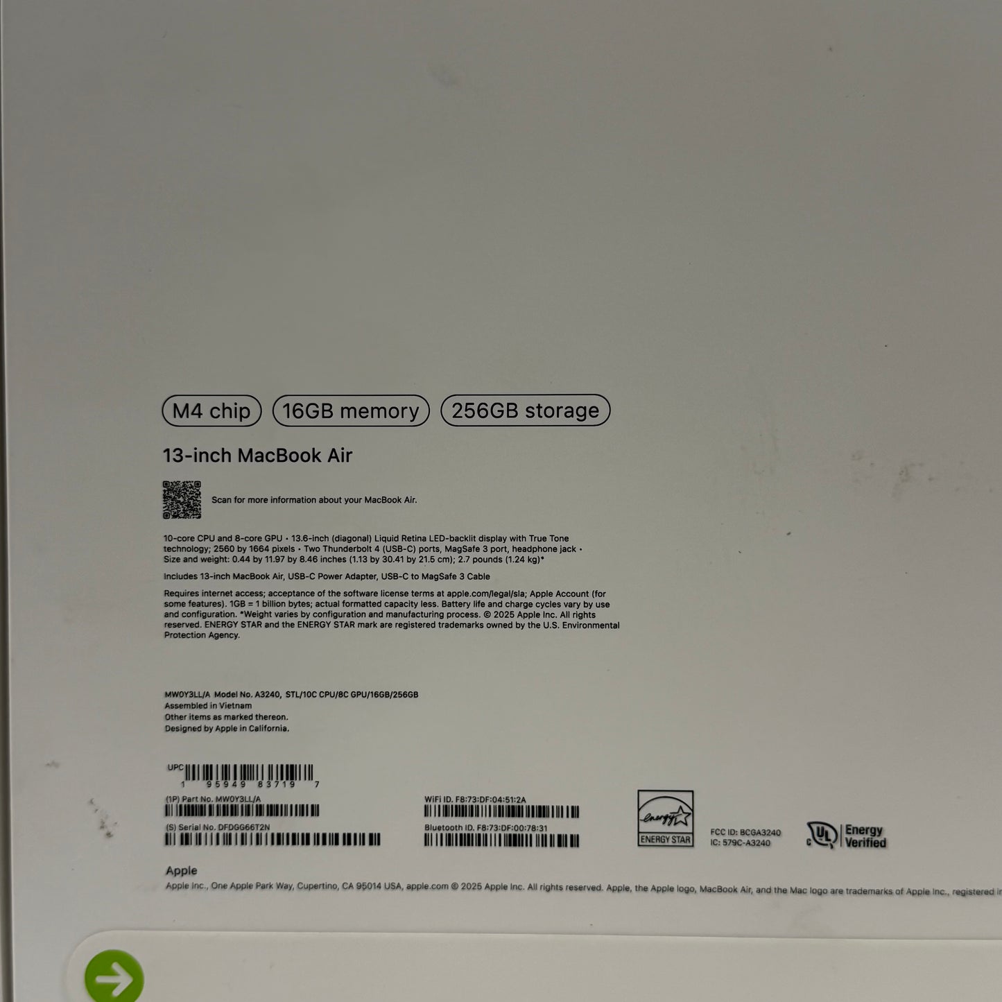 2025 Apple MacBook Air 13" M4 8C GPU 4.5GHz 16GB RAM 256GB SSD A3240