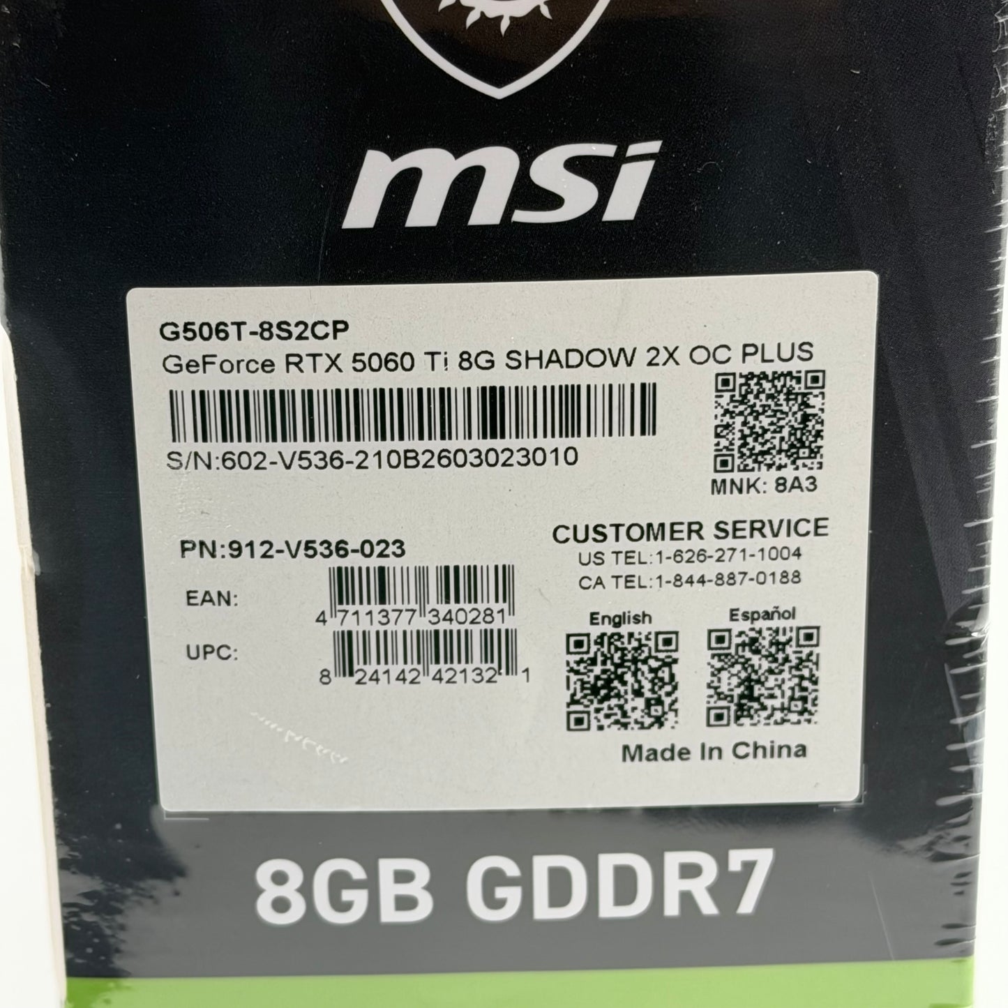 New MSI GeForce RTX 5060 Ti SHADOW 2X OC 8GB GDDR7 Graphics Card 602-V536-023