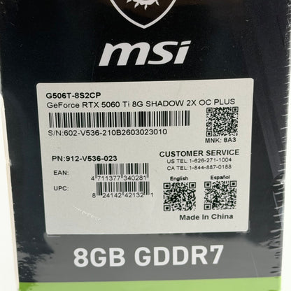 New MSI GeForce RTX 5060 Ti SHADOW 2X OC 8GB GDDR7 Graphics Card 602-V536-023