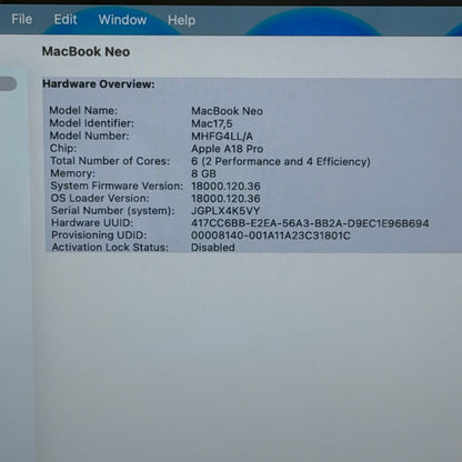 2026 Apple MacBook Neo 13" A18 Pro 5C GPU 4.0GHz 8GB RAM 512GB SSD MHFG4LL/A