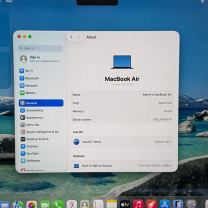 2025 Apple MacBook Air 13.6" M4 8C GPU 4.5GHz 16GB RAM 256GB SSD A3240