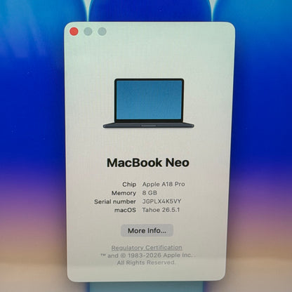 2026 Apple MacBook Neo 13" A18 Pro 5C GPU 4.0GHz 8GB RAM 512GB SSD MHFG4LL/A