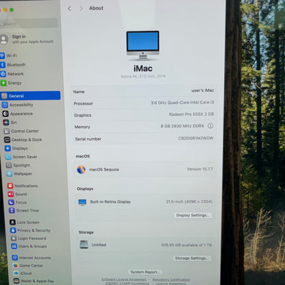 2019 Apple iMac 21.5" i3 3.6GHz 8GB RAM 1TB HDD Silver A2116