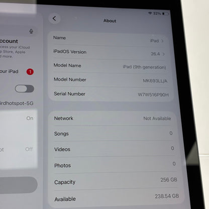 Unlocked Apple iPad 9th Gen 256GB Space Gray MK693LL/A