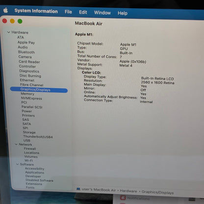 2020 Apple MacBook Air 13.3" M1 7C GPU 3.2GHz 8GB RAM 256GB SSD A2337