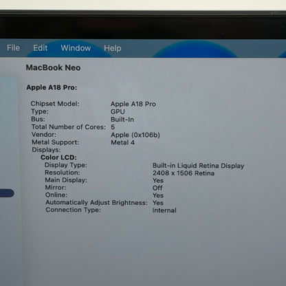 2026 Apple MacBook Neo 13" A18 Pro 5C GPU 4.0GHz 8GB RAM 512GB SSD MHFG4LL/A