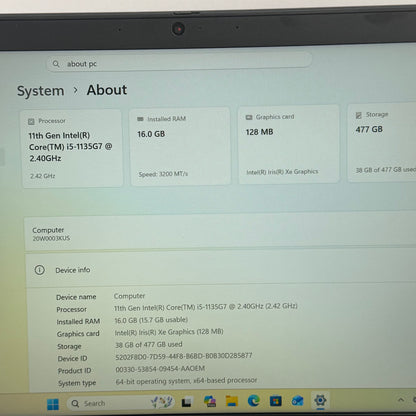 Lenovo ThinkPad T14 Gen 2 20W0003KUS 14" i5-1135G7 2.4GHz 16GB RAM 512GB SSD