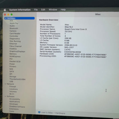 2019 Apple iMac 21.5" i3 3.6GHz 8GB RAM 1TB HDD Silver A2116
