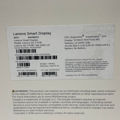 New Lenovo Smart Display with Google Assistant White SD-X701B