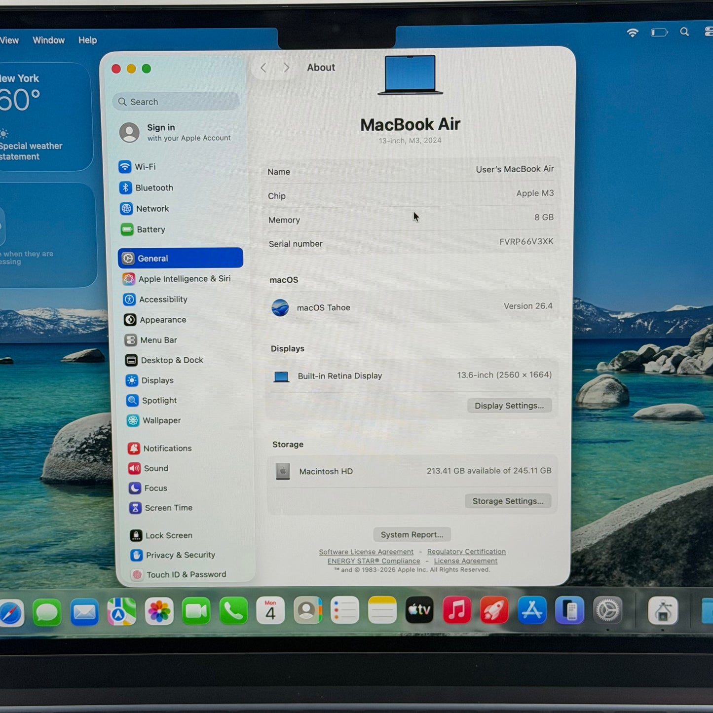 2024 Apple MacBook Air 13.6" M3 8C GPU 4.0GHz 8GB RAM 256GB SSD MRXV3LL/A