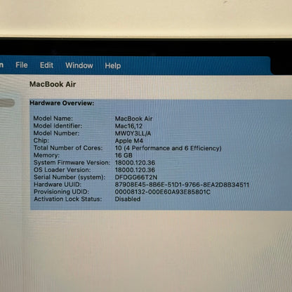 2025 Apple MacBook Air 13" M4 8C GPU 4.5GHz 16GB RAM 256GB SSD A3240