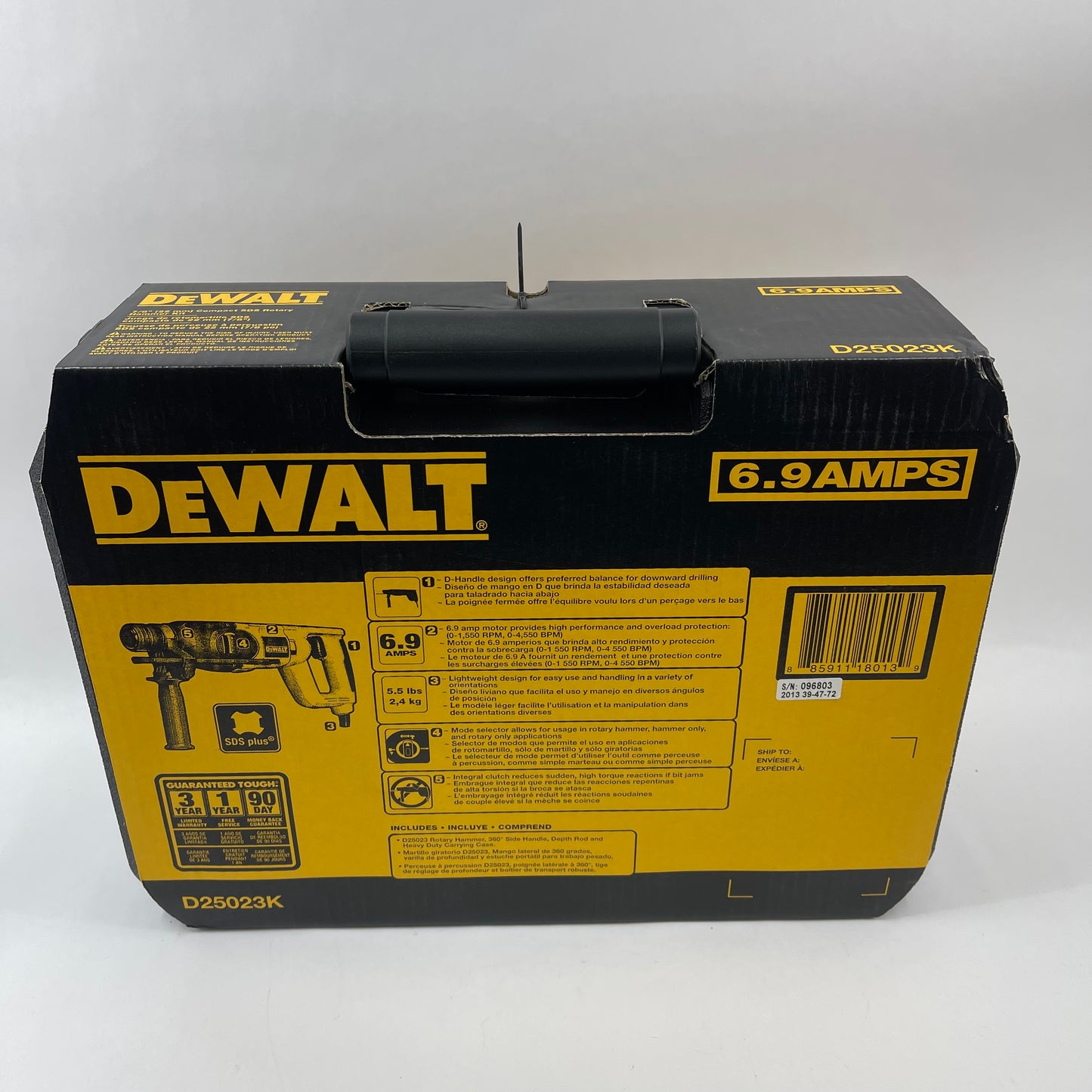 New DeWalt D25023K 120V 7/8" (22mm) Compact SDS Rotary Hammer Kit