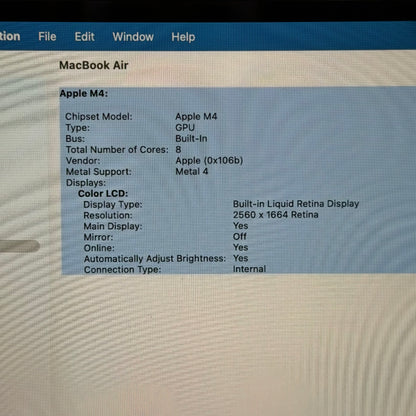 2025 Apple MacBook Air 13" M4 8C GPU 4.5GHz 16GB RAM 256GB SSD A3240