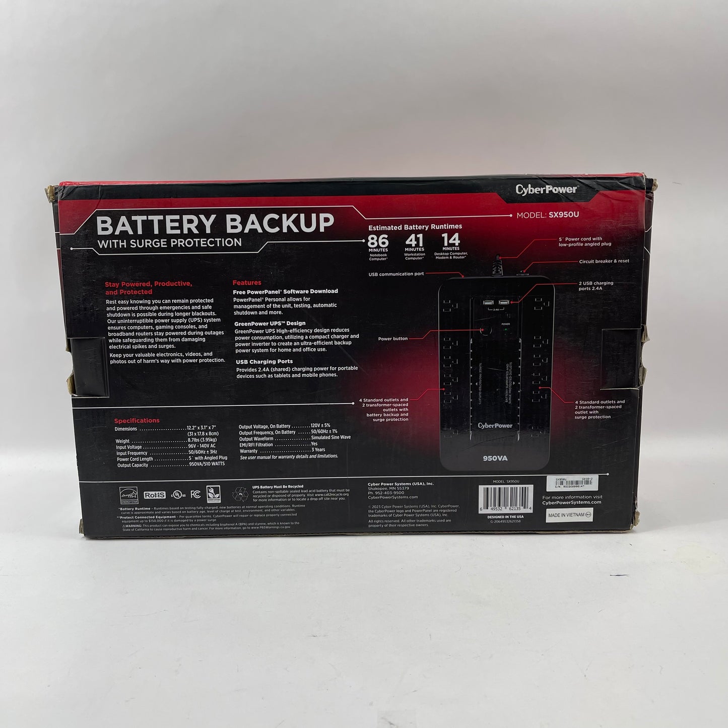 New CyberPower 950VA 510W Battery Backup UPS System SC950U