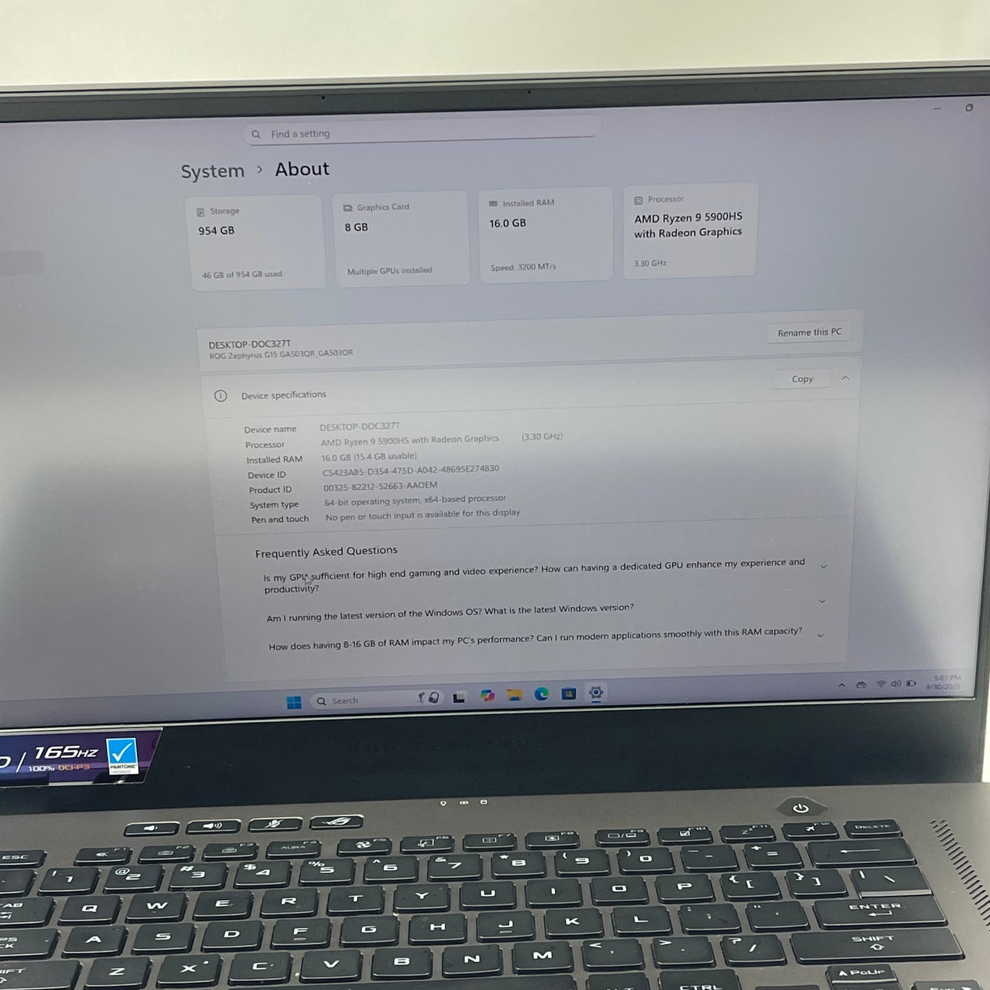 Asus ROG Zephyrus G15 GA503Q Ryzen 9 5900HS 3.3GHz 16GB 1TB GeForce RTX 3070
