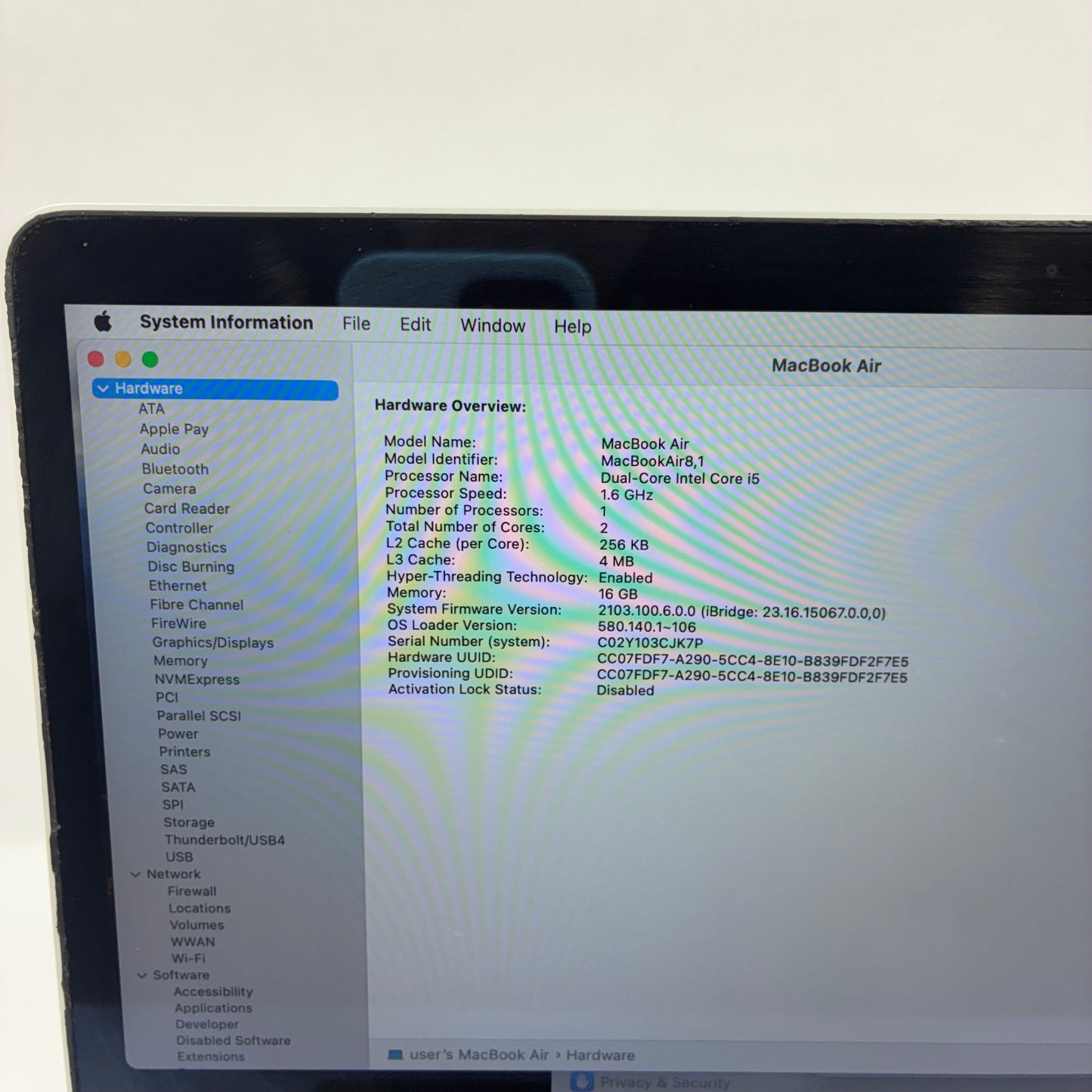2018 Apple MacBook Air 13.3" i5 1.6GHz 16GB RAM 256GB SSD Silver A1932