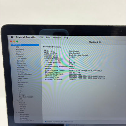 2018 Apple MacBook Air 13.3" i5 1.6GHz 16GB RAM 256GB SSD Silver A1932