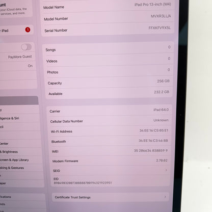 Factory Unlocked Apple iPad Pro 13" M4 256GB Space Black MVXR3LL/A