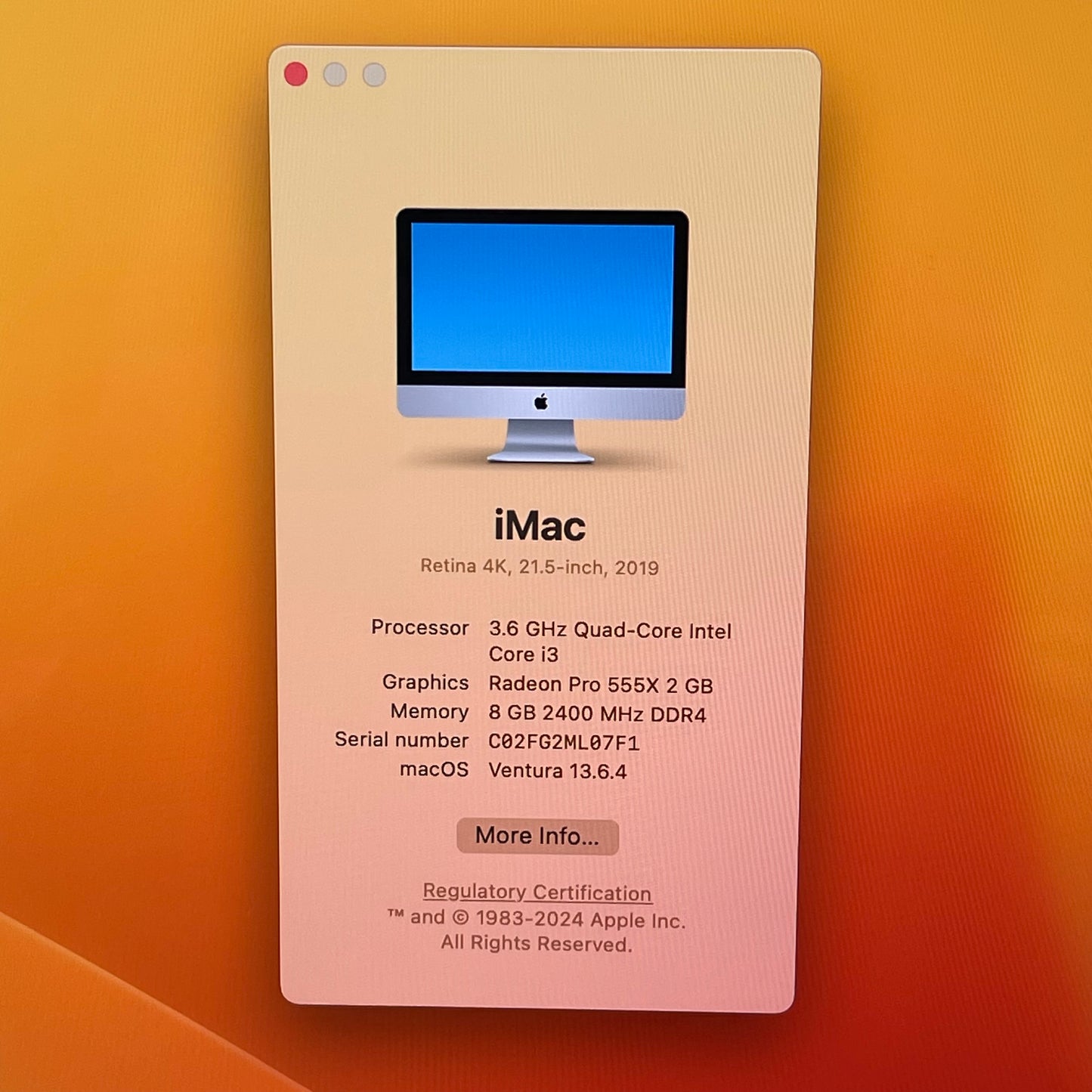 2019 Apple iMac 21.5" i3 3.6GHz 8GB RAM 256GB SSD Silver A2116
