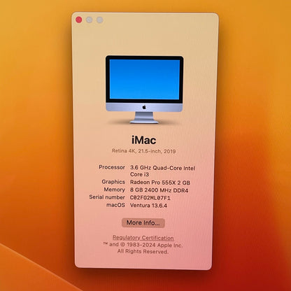 2019 Apple iMac 21.5" i3 3.6GHz 8GB RAM 256GB SSD Silver A2116