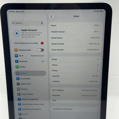 WiFi Only Apple iPad 11" (A16) 128GB Silver MD3Y4LL/A