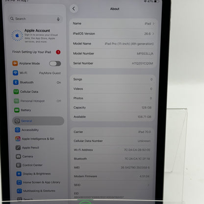 WiFi Only Apple iPad Pro 11" 4th Gen 128GB Space Gray MP553LL/A