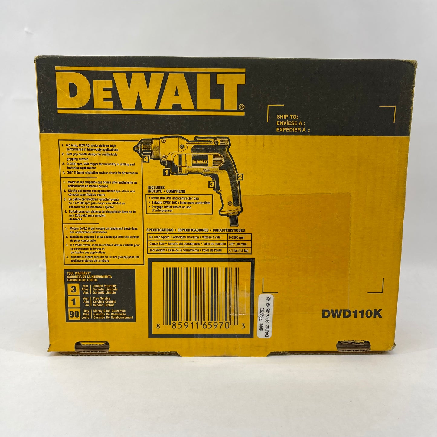 New DeWalt DWD110K 8 AMP Corded 3/8 in. Variable Speed Drill